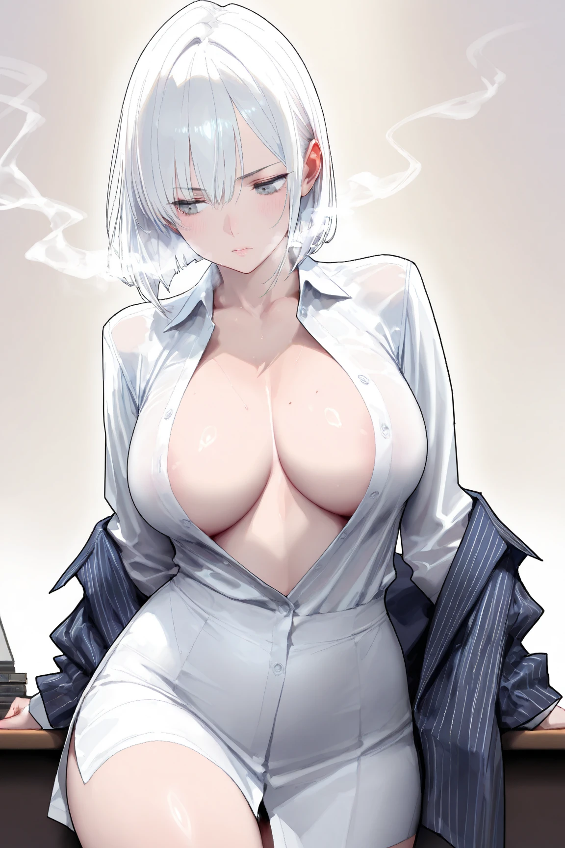 score_9, score_8_up, source_アニメ,アニメ style,Silver Hair,Yellow Eyes,blunt bangs,ponytail,tall,cool eye,very big breasts,((1girl)),shiny skin,front open,Pussy juice,Long Breasts,Massive bukkake,Expressionless,Facial,Used condom belt,Heavy breathing,Taunt,garter belt,Office Lady,bbc