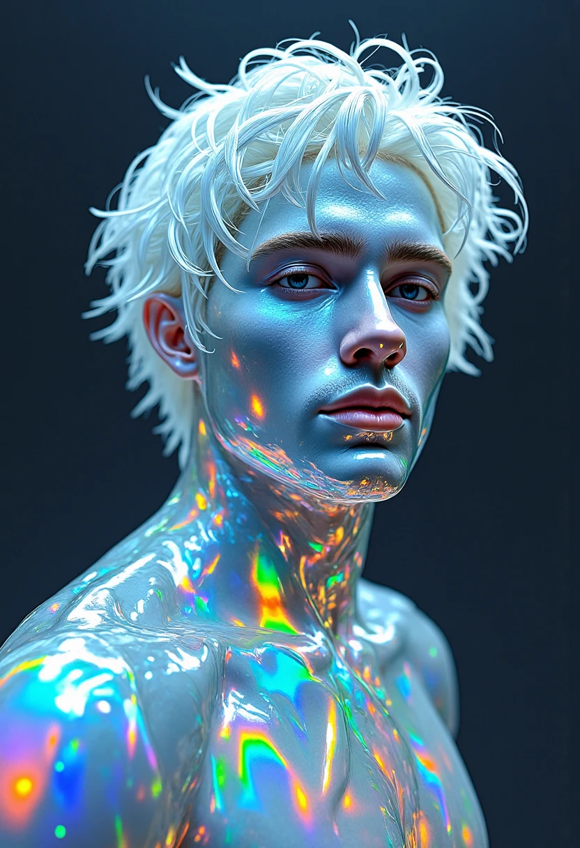 ((jewel_light element)), ( luminous man body_wearing a  blue toxedo groomsmen attire s:1.3), (man made of lightblue light: 1.2,  wavy blue hairstyle with delicate features and light:1.3), (minimalism: 0.5), (Frontal close-up angle above the waist: 1.3), 4K, HDR, acid graphics, fantasy work, [Detailed and vivid faces: 0.33], (white translucent glowing  blue hair: 1.3),,Silhouette outline and glowing handsome man, Understated elegance .. A calm and dignified atmosphere provides a subtle sense of luxury... gray smooth texture, stylish pose, fluorescent, glowing tattoo, bioluminescent tattoo, glowing pattern. A man Wearing blue toxedo 