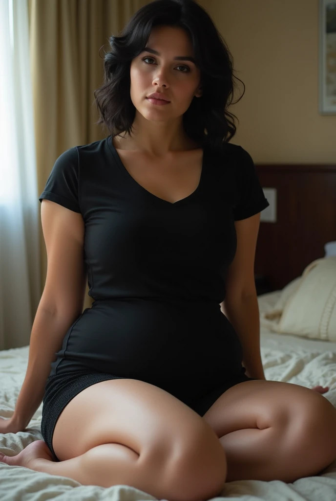 there is a woman standing in a room with a bed and an orange blanket, wearing vestido preto, vestido aberto, posando em um quarto, wearing a vestido preto, she is wearing a vestido preto, usando vestido, vestindo roupa camisola preta, vestido preto, Latina, o extremamente quente e sexy, (38 anos), complete view, Gata linda