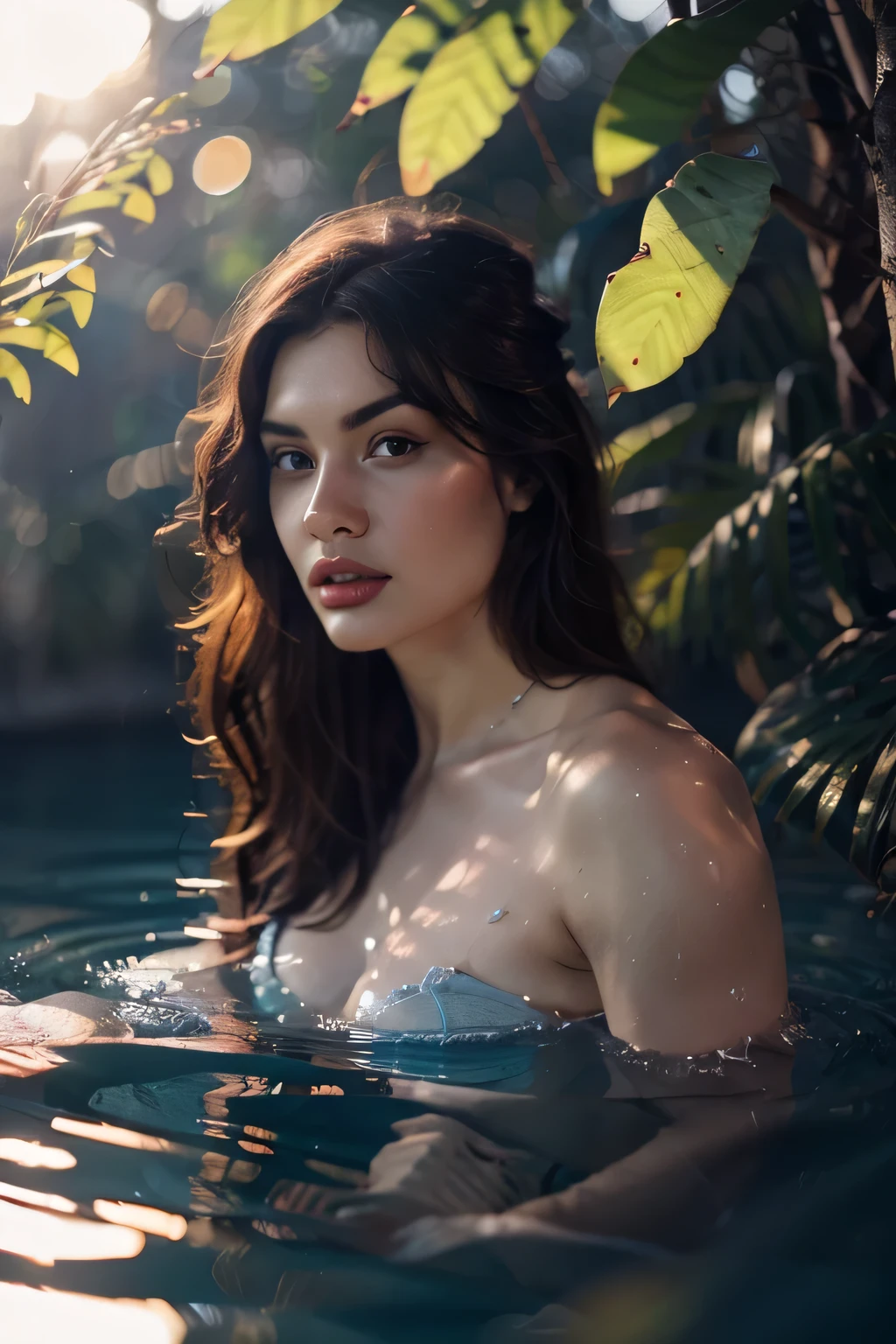close-up portrait of a beautiful woman with black hair, bathing in a river, wearing red bikini corset, small breast, reeds, (backlight), realistic, masterpiece, high quality, lens reflection, shadow, flower, [[chromatic aberration]], by Jeremy Lipking, by Antonio J. Manzanedo, digital painting,