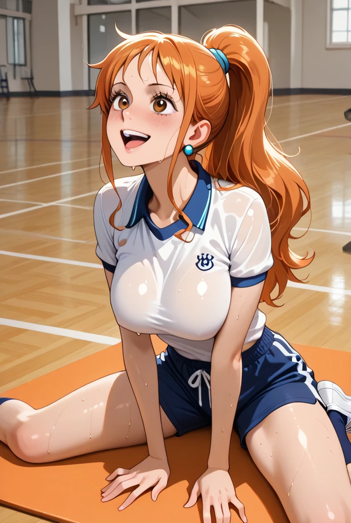 Yuuki Asuna, ((masterpiece)), High resolution, Big Breasts、 Bright orange hair,Tabletop, Highest quality, Very detailed, Realistic, High resolution, 8k, One person, alone, Cleavage, short hair, School gym clothes, Bloomers in the school gym, head band, , Happy, smile, sweating, School Playground, arched back, Put your arms behind your head
