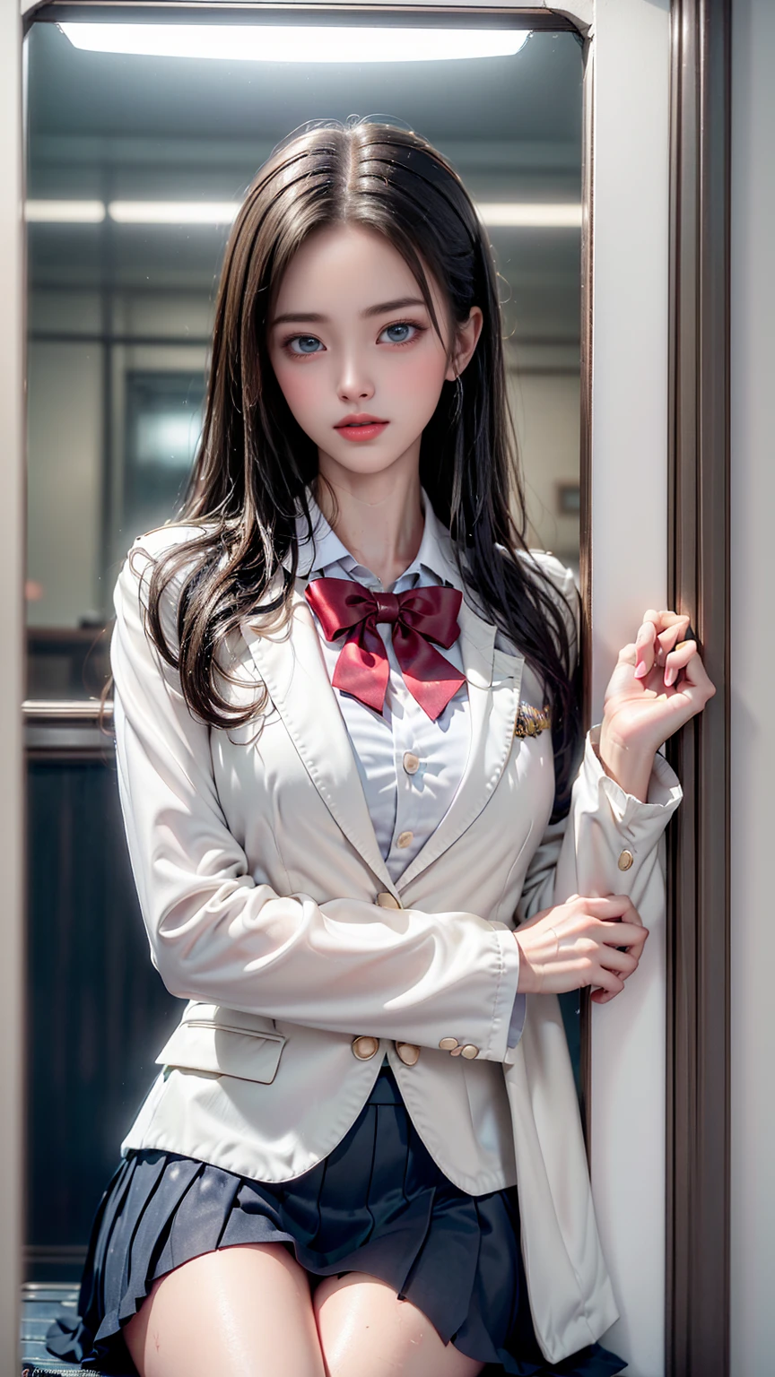 （Girl sitting on train seat)、Top quality work，Actual work，Ultra Premium Graphics，8K HD CG works，High quality graphics，High-definition CG works，10x pixels，Extremely fine detail：1.1，Advanced Technical Details：1.1 Photorealistic，Indoor lighting effects：1.5，Natural light：1.5. Light effects（virtual Light effects：1.8），長いSilver Hair，Silver Hair，Transparent Hair，Hair with attention to detail（Premium Hair Detail：1.1）Clear Eyes，Beautiful double eyelids，Sharp eye makeup, Delicate eyelash makeup, Thin eyebrows, Highly detailed eyes，High nose, Nice red lips, Rose Cheeks, A face with subtle makeup , Cute face, perfectly balanced face,（Advanced Face Detail：1.1），girl in school uniform, See-through，Foggy Room，Like a fairy in a painting，Slim sexy legs，A beautiful face is beautiful and delicate，Like a finely carved piece of jade、The waves in my eyes are like twinkling stars，Show the light of patience and wisdom。The bridge of the nose is straight，Cherry lip color, her face is clear，Her skin is as white as jade，Gives a healthy glow，Her makeup is light and subtle.，Not too decorative，A light-toned foundation enhances the clarity of your skin.，Eye makeup: eyeshadow and eyeliner，Make her eyes brighter and more cheerful、Add a touch of glamour and sophistication，（White blazer、Emblem on the chest）,（Translucent white blouse）、（Red bow tie)，(Checked Skirt),(White panties are visible)、Swaying with her movements。Her hair is casually tied back，Fix with hosta，A few strands of hair are swaying gently in the wind，Add a little softness、Charmed everyone&#39;Note、Grace、mystery、full of power,(White panties are visible),