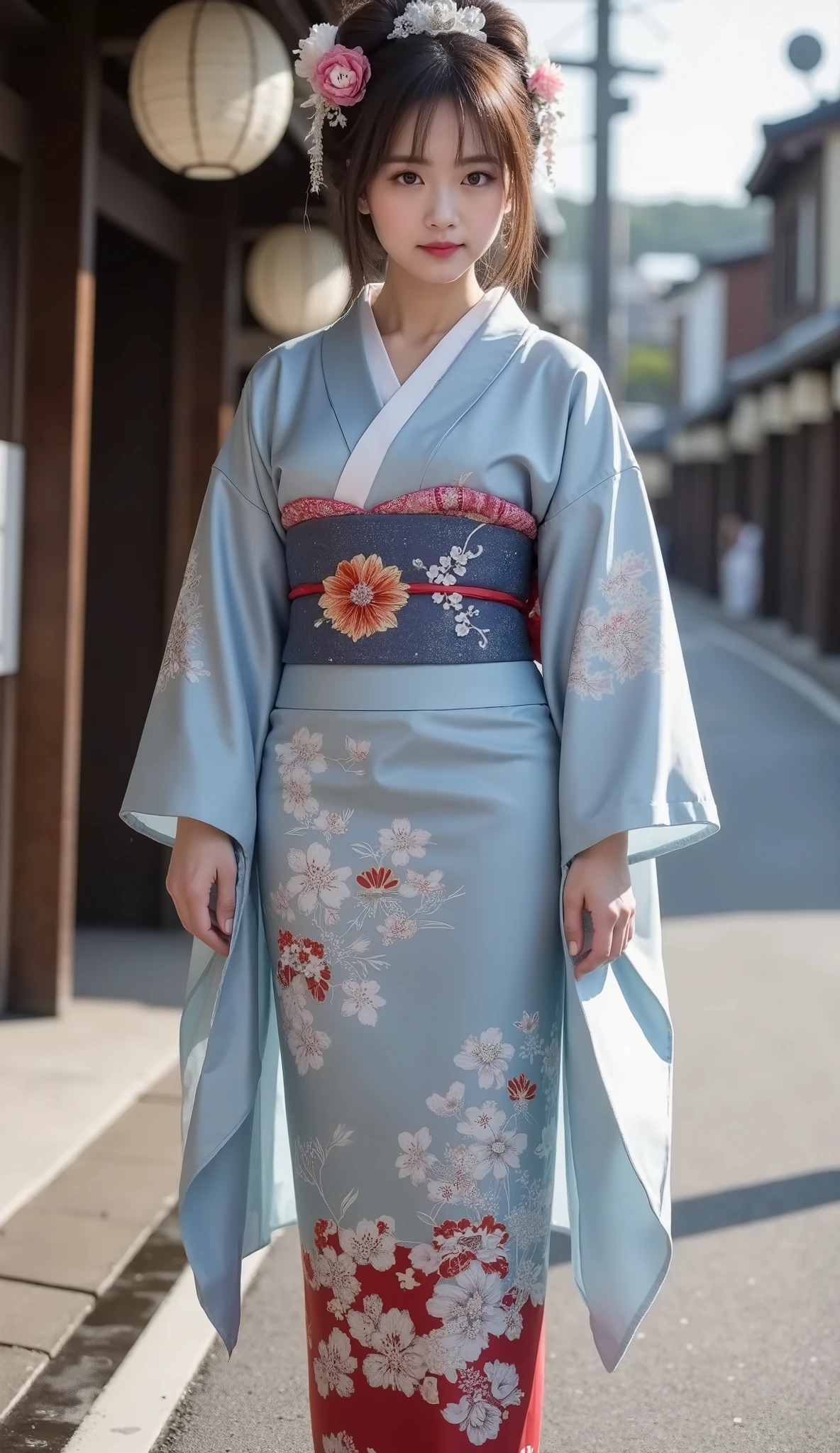 Realistic、High Definition、sharp details、8k、(((Full body image)))、(((From head to toe)))、1 woman、7、Geisha from Kyoto in Japan、 country、stands in an elegant and calm atmosphere、stand on the road in Kyoto、((full body shot))、country's unique hairstyle、Ofuku、((I'm thinking of improving my hair2.0))、((long sling2.0))、Fox face、 has a bright smile、a kimono based on gorgeous blue、Three layers、Has a gorgeous pattern、It has a luxurious feel、Hairpin in hair、(((From head to toe表示)))