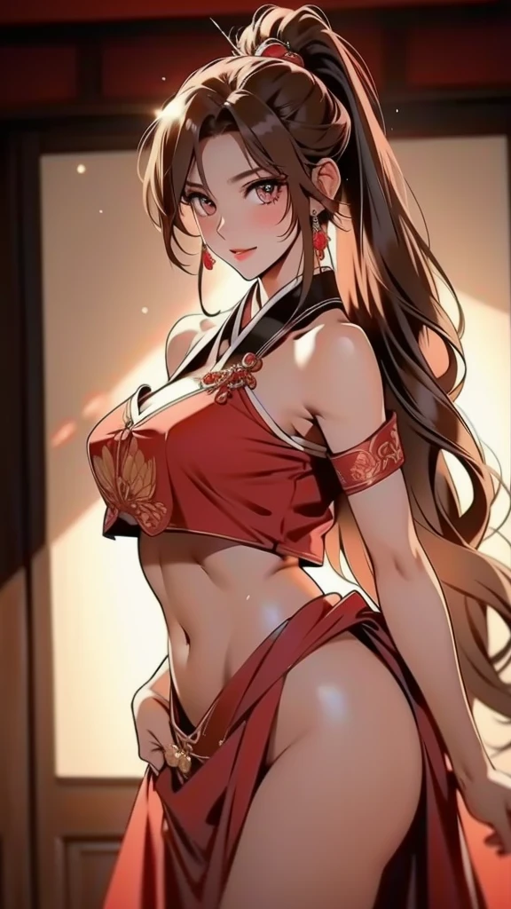 Mai Shiranui, ultra-realistic 8k CG, beautfull woman, perfectbody, divine beauty, long hair, Eyes seductive, make-up, medium breasts, oriental costumes, chanel short dress, legs showing, posing for a professional photograph