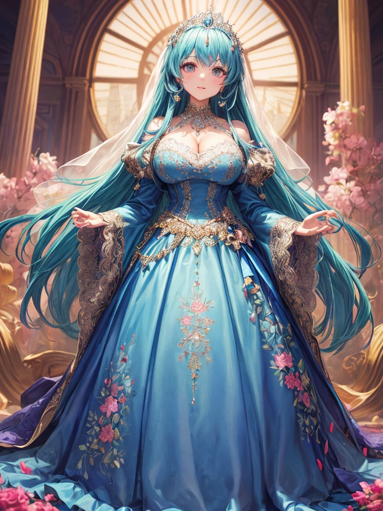 ((Anime Art Style)),(masutepiece),(Best Quality), (Super Detail),(Highly detailed CG Unity 8k wallpaper),((Very delicate and beautiful)),((Full body portrait)),((Stand in the garden)),((Solo)),(((One princess in gorgeous embroidery and jeweled very gorgeous Rococo princess ball gown with voluminous full-length hoop skirt ))),(((Crinoline Hoop Skirt))),Long Train,((Gorgeous embroidery and jewelry)),voluminous ruffles,(((very very gigantic boobs,Skindentation))),cleavage,((Very long straight hair,Very voluminous straight long hair,Very long straight hair)),(finely detailed face and eyes),((Seductive smile,embarrassed)),Beautiful eyes like jewels,Very gorgeous hair ornament,(A very gorgeous tiara adorned with bling-bling jewels),((Glitter Gorgeous Gemstone Jewelry)),Gorgeous Long Veil,(opera gloves),(Beautiful background),(Full body),((gorgeous embroidery and jeweled gorgeous Rococo princess ball gown with voluminous full-length hoop skirt))