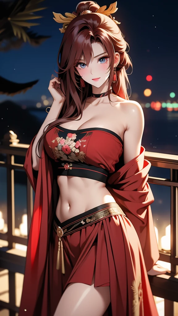medieval setting, full view of body, 1 skinny female with large breast, beatiful smokey green eyes, black hair pinned up, off-shoulder maxi dress, red scarf around her neck, eerie sunset