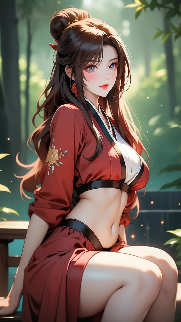 cool guy,Robe,Hanfu,Red gradient eyes,High ponytail,Long dark hair,floated hair,Black and red period costume,Dragon-patterned battle robe,Maple leaf background