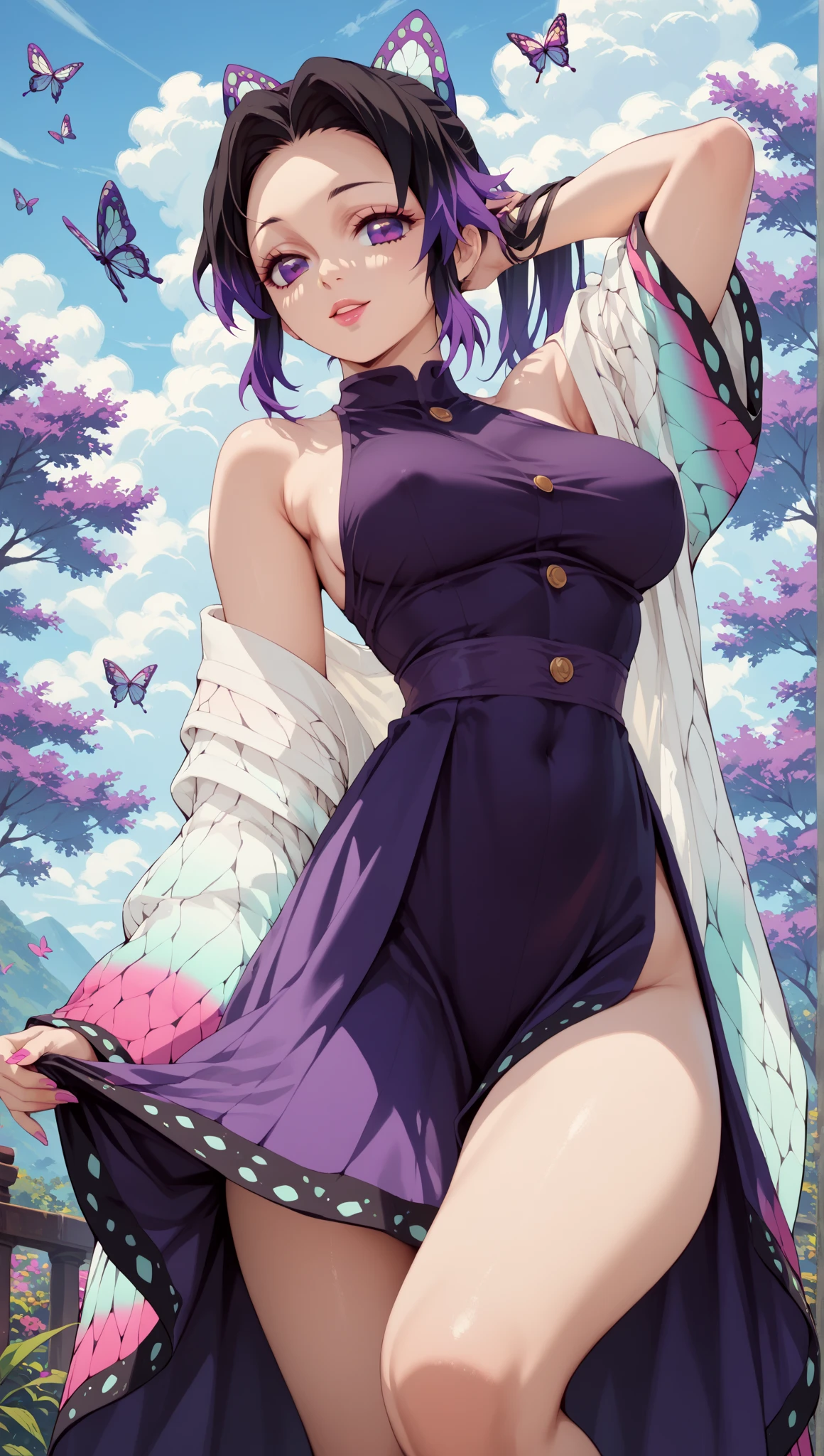 masutepiece, Best Quality, hight resolution, 1girl in, solo, kochou shinobu, Decorate your hair with butterflies, violet eyes, Multi-colored hair, Short hair, Parted bangs, Short shorts, open one's legs, Skirt, Turtleneck Top, Navel Ejection, outside of house, Erotica, large full breasts, Sateen, show through, Black pants
