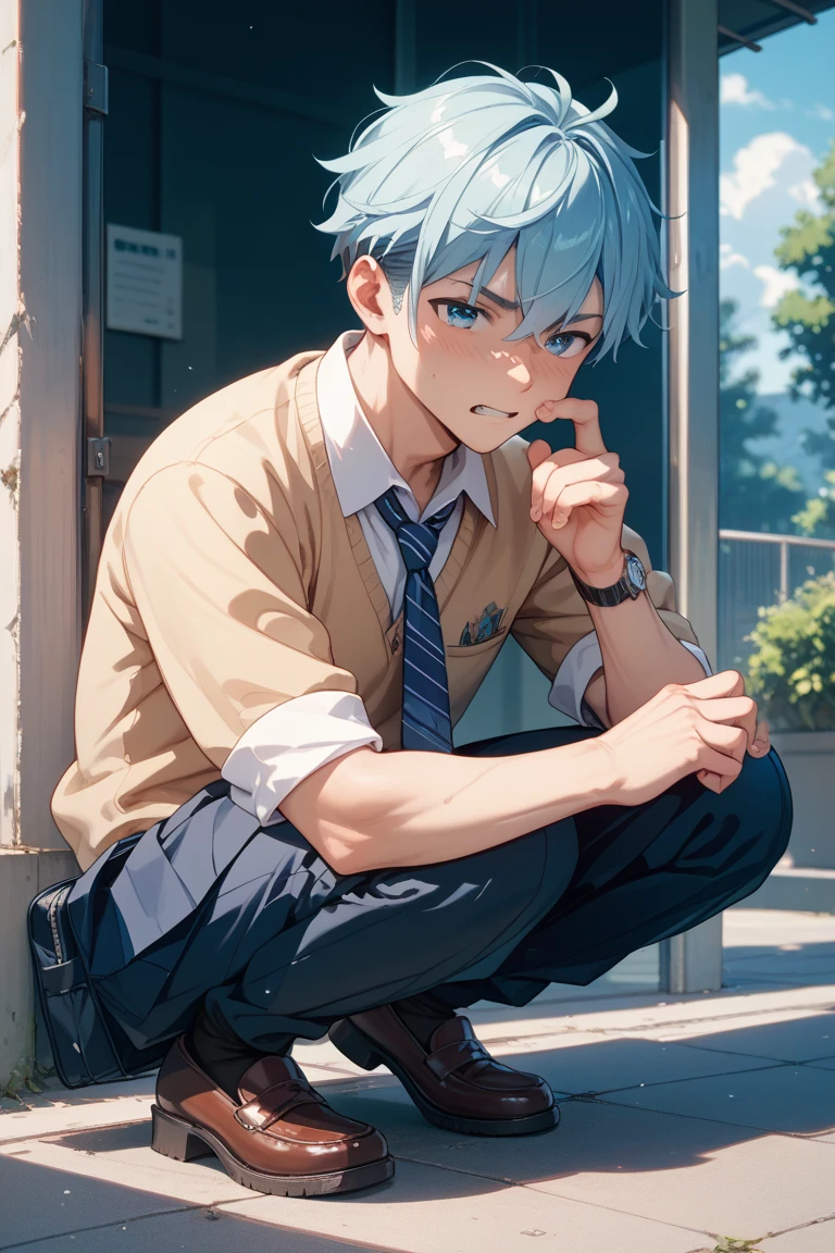 A 14-year-old junior high school boy stands in a classroom,Shota,Sweat profusely,blue short pants,Messy bangs,Shota,athletic sneakers。and the sun was shining brightly,quadratic element,A high resolution,Best Masterpiece,Be red in the face