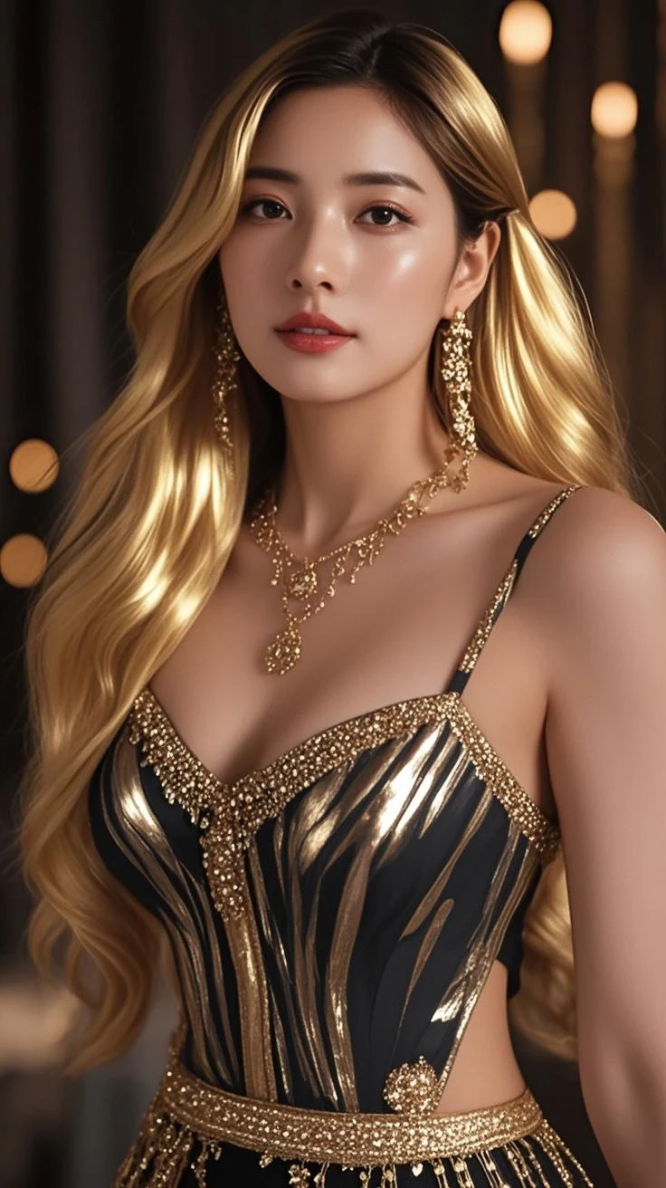 woman, A fashion model, wearing a golden dress with sparkles, Glamour, paparazzi taking pictures of her, Blonde hair, Brown eyes, 8K, High quality, Masterpiece, Best quality, HD, Extremely detailed, voluminetric lighting, Photorealistic