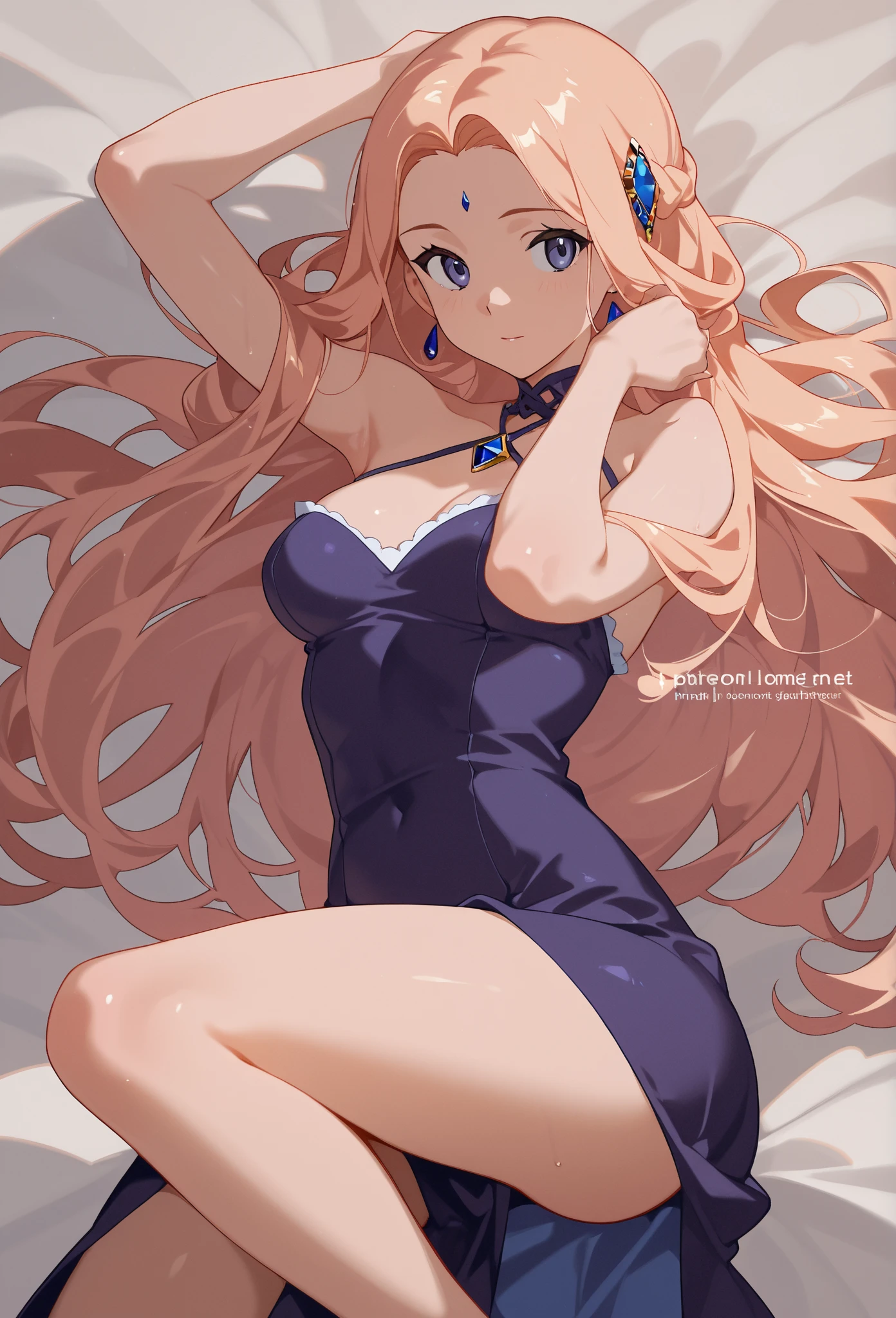 slender, mature female,jewelry,  1girl, breasts, long_hair, blond_hair, cleavage, dress, necklace, blue_dress, sitting, bracelet, solo, earrings, looking_at_viewer, green_dress, large_breasts, smile, bangs, bare_shoulders, closed_mouth, sleeveless, collarbone, sleeveless_dress, short_dress, thighs, parted_bangs, very_long_hair, night, medium_breasts, arm_support, sketch, aqua_dress, blue_eyes
