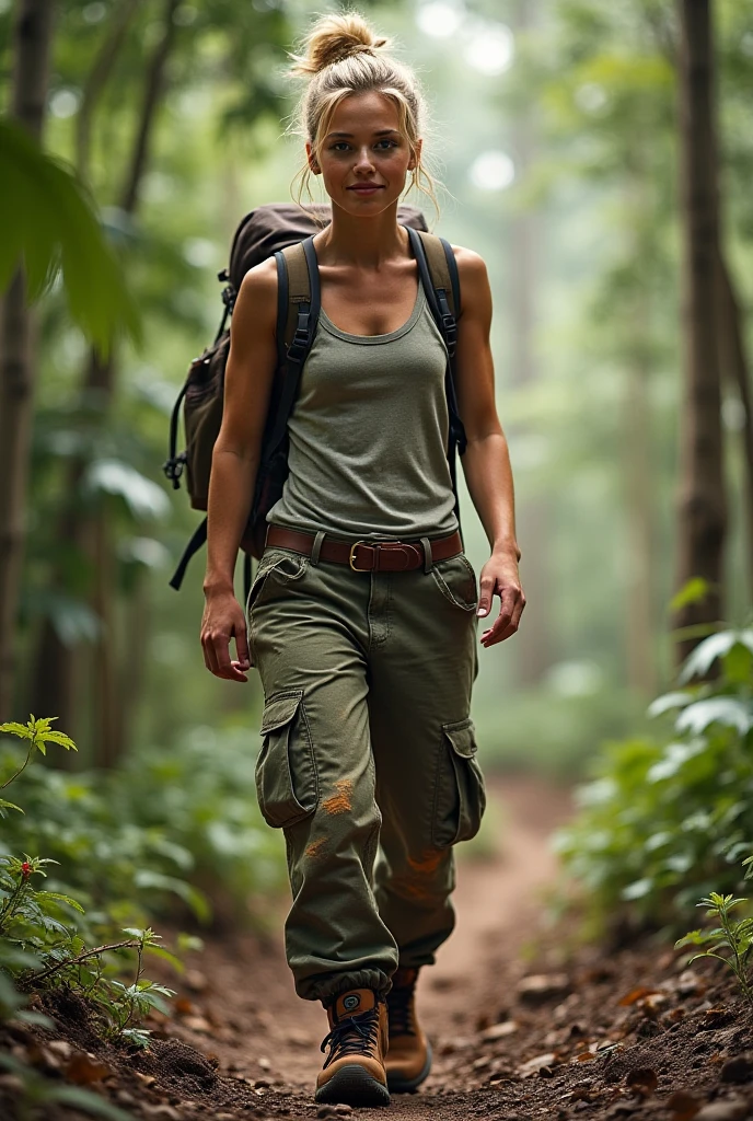 Tank top, Shorts, Black hair, ancient ruin,Adventurous Woman, trap, Pistol holder on the thigh, Khaki backpack, hair tied, dense woods, subtropical, machete, Treasure Hunter, Fuji Film, F/1.2, (16 K, 8K, awardwinning, Best Quality, hight resolution, high details, Super Detail, Anatomically correct, Textured skin, masutepiece:1.4, nffsw),Whole body mud stains,Rugged look,caves,Bag of treasure