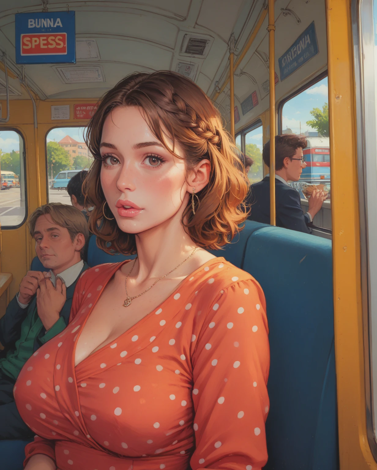 A young and youthful looking Aunt Cass falling asleep on a bus. She looks like she's had a long day and just needed a nap. There are a lot of men watching her from the other seats with predatory grins on their faces. Aunt Cass's large fake breasts look gigantic in her tight black top.
