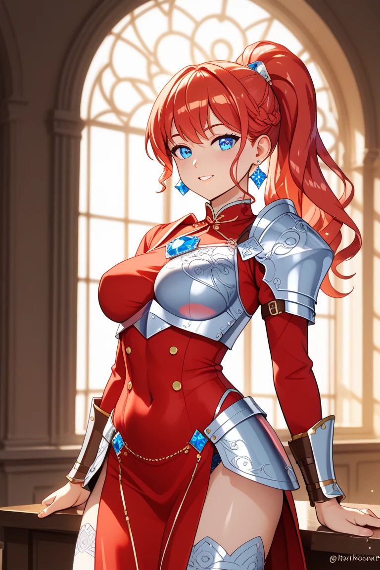 (Highest quality,8k,32K,masterpiece,Ultra-high resolution :1.2 ),born,One girl,Super cute,Natural light,Clear, shining eyes,20-year-old,Fair skin,Fantasy background of the electronic world at night,Red Hair,A noble necklace shines,The noble earrings are shining,female knight,Smoking a cigarette,I have a cigar,Large Breasts
