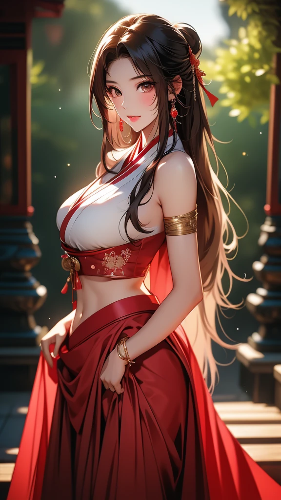 a 20 age, beautiful chubby girl, your face has strong pink makeup, wearing a red and black long and closed princess Dress, greenblue eyes, beautiful detailed eyes, detailed lips, suggestive pose, evil smile, very long hair, golden hair, long golden ponytail hair, light and transparent veil filling with charm, in a cherry grove, under a rain of leaves on a late spring sunset, stunning beautiful artwork, maximalist, by artgerm, 8k anime artwork, 8k photo, trending on artstation. looking at the viewer, masterpiece, best quality, 