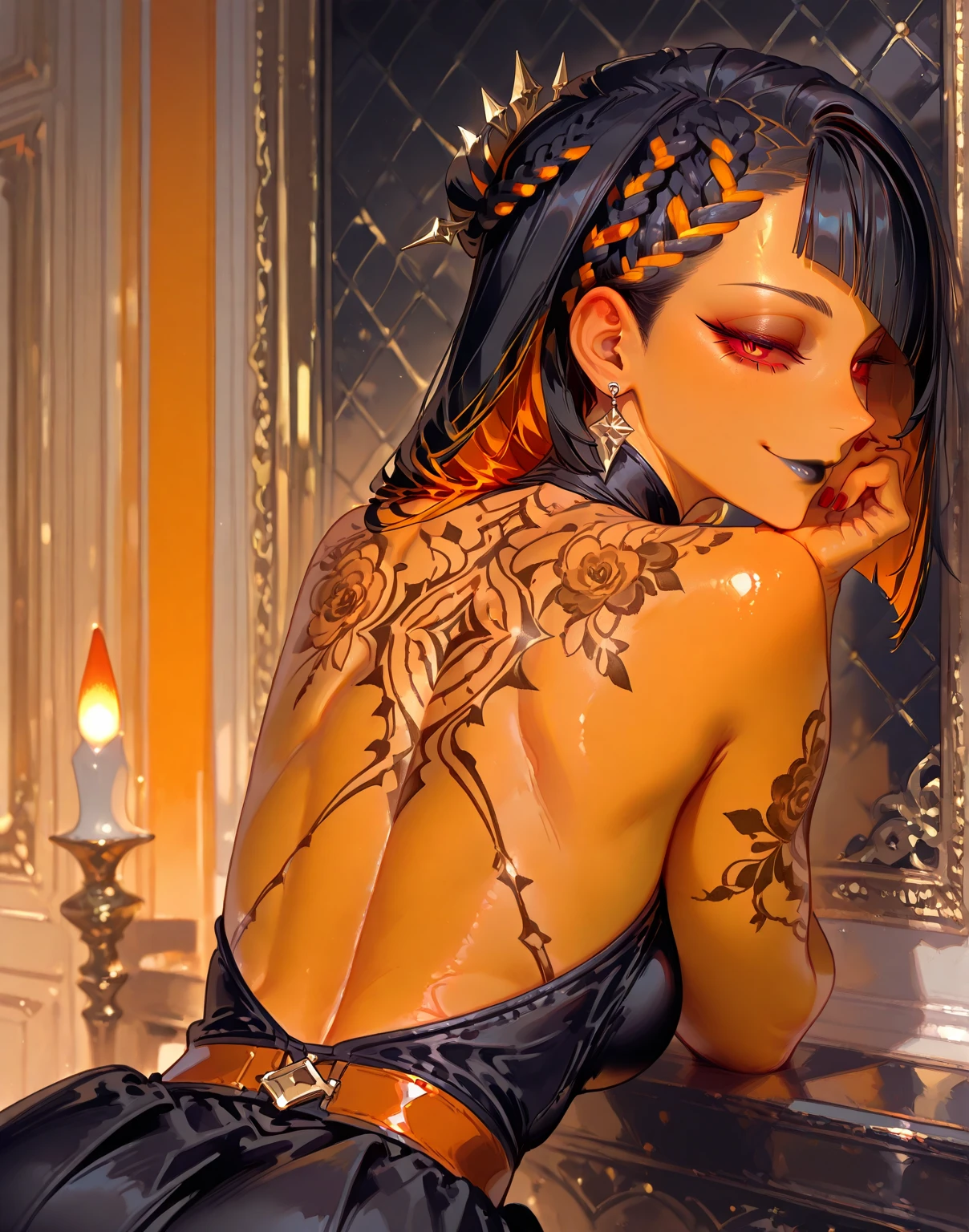 Official Art, Unity 8k Wallpapers, Ultra Detailed, Beautiful and Aesthetic, Masterpiece, Best Quality, (Zentangle, Mandala, Tangled, Entangle), (Fractal Art: 1.3), 1girl, Very Detailed, Dynamic Angle, Cowboyshot, Most Beautiful Forms Chaotic, Elegant, Fauvist Design, Bright Colors, Romanticism, James Jean, Robbie Devi Antono, Ross Tran, Francis Bacon, Michal Mlaz, Adrian Ganey, Petra Kotwright, Gerhard Richter, Takashi Yamamoto, Ashley Wood, atmospheric, ecstatic notes, flow notes visible, (black silk), (whole body),sexy, tattoos, (power puffer clothes: 1.2), 3d graffitti, abstract, lines, background circles, by Adam Hughes, art by Jay Anacleto,Paint Splatters, (Beautiful Spiral Paint Swirls), by Jeremy Mann, By Sandra Chevrier, vivid contrasting colors, chromatic abberation,black hair fused with platinum and gold, naked girl, beautiful visible pubic area, pink pesones, small breasts in sight,walls with oriental mandala graffiti drawing, walls with graffiti drawings, floor stained with paint, girl with mandala tattoo and flowers, slight smile,tattoo on naked body, cute naked girl tattooed with mandala, black and orange hair, against orange and blue light, floating antique clock, lantern with orange light, candle with blue light, full body,