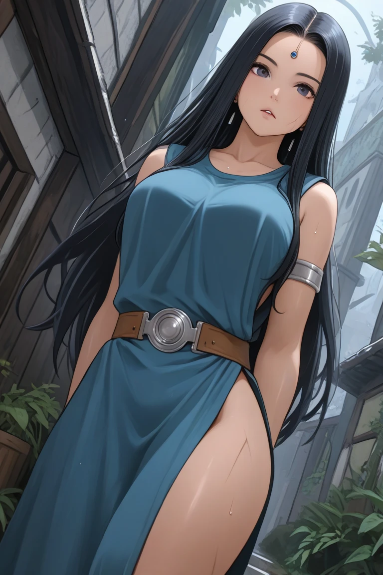 hua qingsi, 1girl, original hair color, original hair style, wearing her original blue dress, standing outdoors, cowboy shot