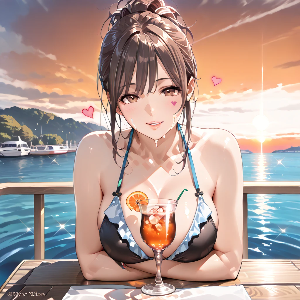 1 female、 alone、(18-year-old female)、(A girlfriend in a sexy swimsuit holds out a tropical drink in one hand and offers it to the viewer.:1.2)、(Small cleavage is sexy)、 BREAK(Low angle shot)、 (From below)、(Dutch Angle)、BREAK(Facing directly at the viewer:1.2)、Cute face、Cute eye drawing、Shortcuts、Black Hair、Healthy body shape、Moisturized Skin、