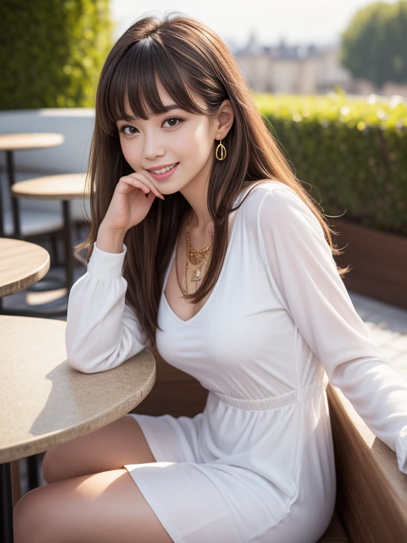 (RAW Photos), (Realistic), (masterpiece), (Highest quality), High resolution, 8k, (Intricate details), (Volumetric Light), Portraiture, woman, Age 25, Medium Hair, Straight hair, Center of chest, Layered Hair, Brown Hair, Very beautiful eyes, Source order, Very thin eyebrows, Very fine skin, Very beautiful mouth, Very nice nose, Cute like an idol,A smile showing white teeth, (Thick lips), (Looking at the audience), (Red and white dress),( Sitting on a chair in an outdoor cafe drinking juice),From the whole body to the toes,(Side Shot),Side Shot,Natural pose,Bold Pose,