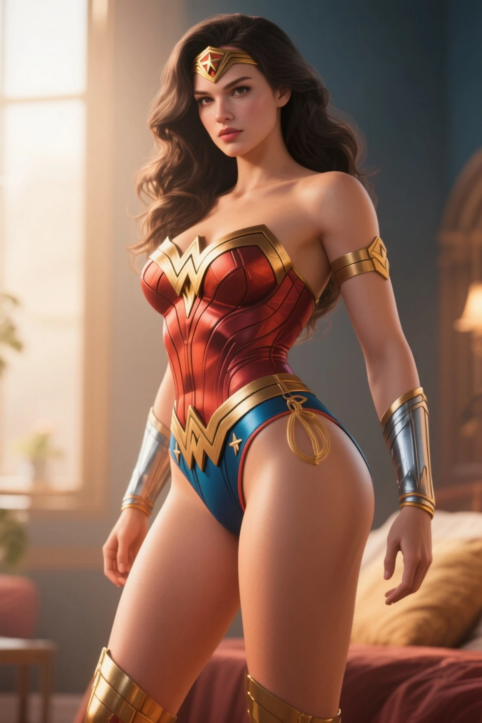 a fit woman in bodysuit, realistic, detailed, hyperrealistic, laying, 1girl, high detailed, 8k, cameltoe,,, wonder woman, gal gadot