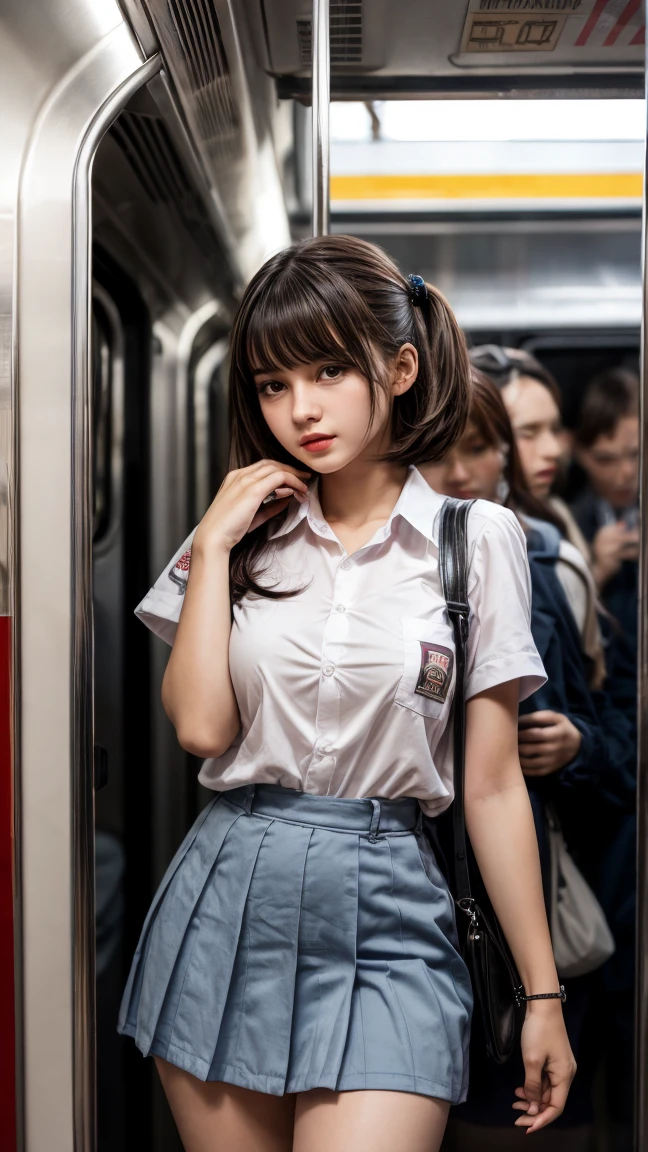 2girls、((top-quality、16k、masterpiece:1.3))、A hyper-realistic、masterpiece、foco nítido、The ultra-detailliert、absurderes、hight resolution、动态照明、50mm Portrait、sity、knight、neons、Cute、A slender、Glossy skin、delicated face、surprised expression、white shirt、blue tie、bob cut hair、Pleated skirt with tartan plaid pattern、(((tucking up the skirt:1.3)))、(((White pants are visible)))、I'm recording with headphones on