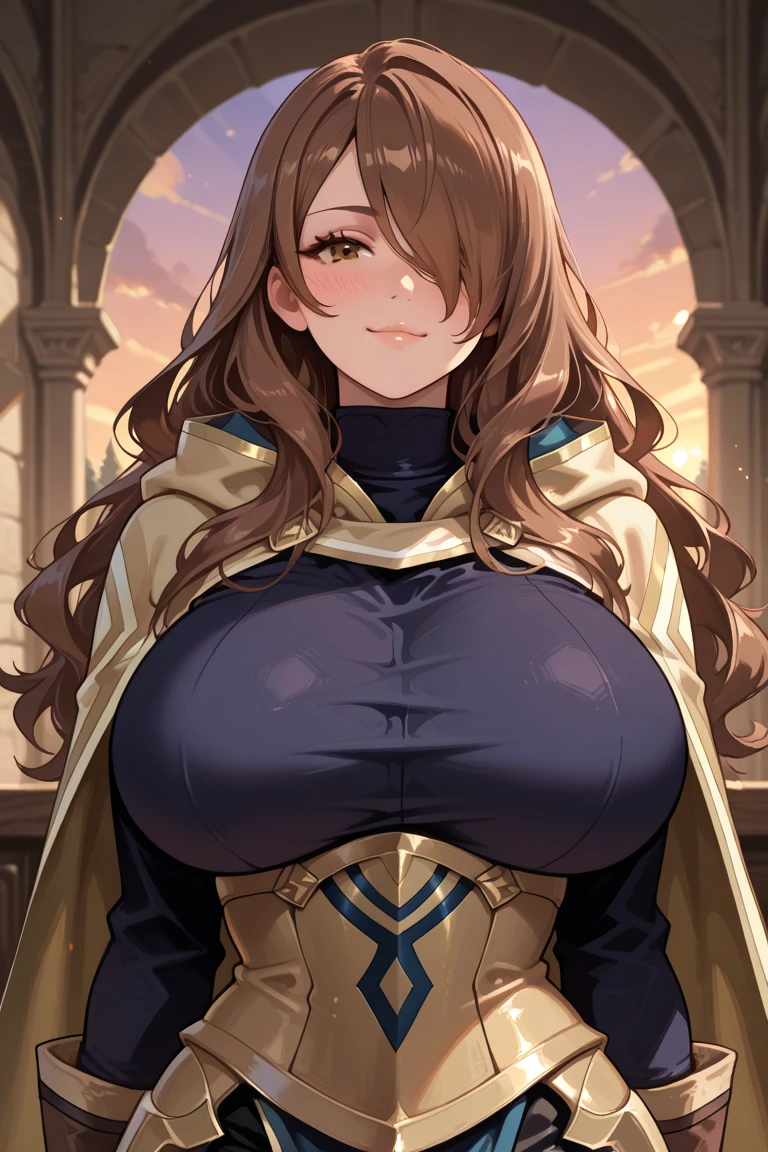 1 elf woman,((with long brown hair)),((with blue eyes)),((very huge breasts)),((a very small dress with a neckline revealing her thighs, with a cut on the chest, breasts almost going outside)),((with a kind and cute look, with a slight gentle smile)),((standing facing the viewer, on the medieval street))