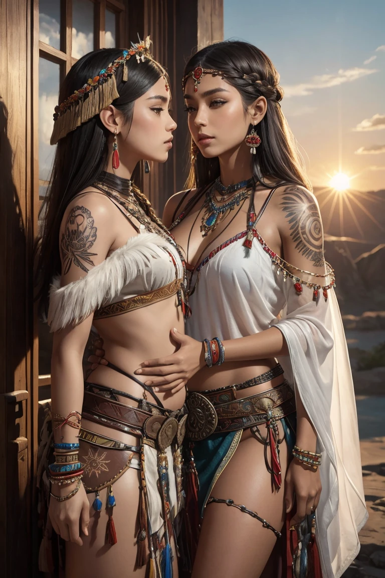 high contrast portrait of two female tribal warriors,super big eyes:1.4,front view, Look at the camera,Hug and touch each other, Tease a friend's belly, Tease a friend's buttocks, Blushing friend, Biting a friend's earlobe, Hug each other from behind, Touch your friend's breast from below,