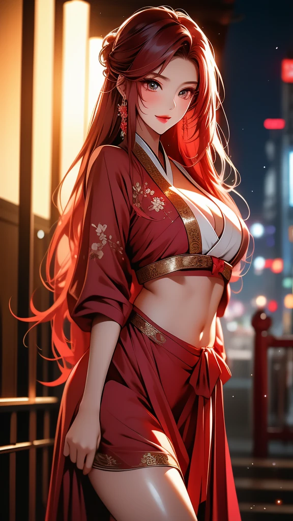 sunsethuman, female, two tones of hair, red and yellow hair, smiling, medium breasts, kimono, off shoulder, cleavage, balcony overlooking city, Coruscant, night, night-time