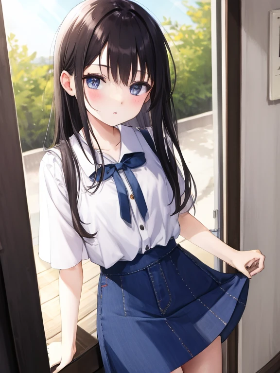 A little girl is wearing a miniskirt with no panties She lifts up her skirt and shows it.