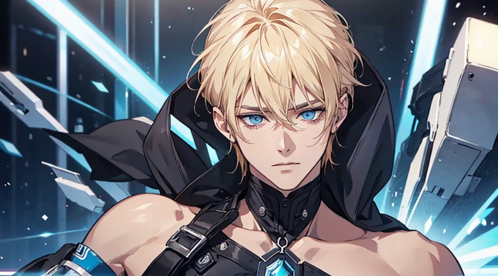 Make the image of a male character by Genshin Impact, he has medium blonde hair, muscular body, wears a black coat and has yellow eyes