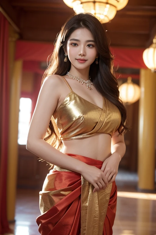 ((top quality, 8 thousand, masterpiece: 1.3)), 1 woman, (Hairstyle casual, huge breasts:1.3), Trendy:1.2, ultra fine face, detailed eyes, double eyelid, smile, groove, long legs, mischievous expression, (A huge and beautiful scenery is visible behind:1.3), blonde woman with wavy hair, (various materials, multi colored attire:1.4), small face, beautiful body,