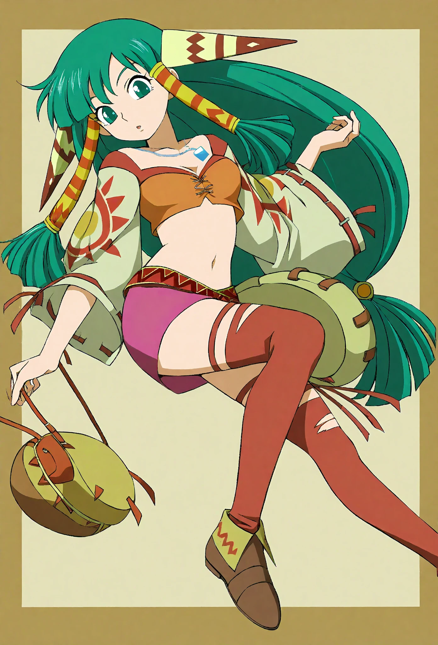 masterpiece, best quality, highres, absurdres, ultra-detailed: 1.3), 1girl, (AS-Young:0.8), (slim, shiny skin, green hair, green eyes, hair tubes, low-tied long hair, crop top, midriff, jewelry, red thighhighs, brown skirt), (sitting, wood logs, campfire, night, forest, tent)