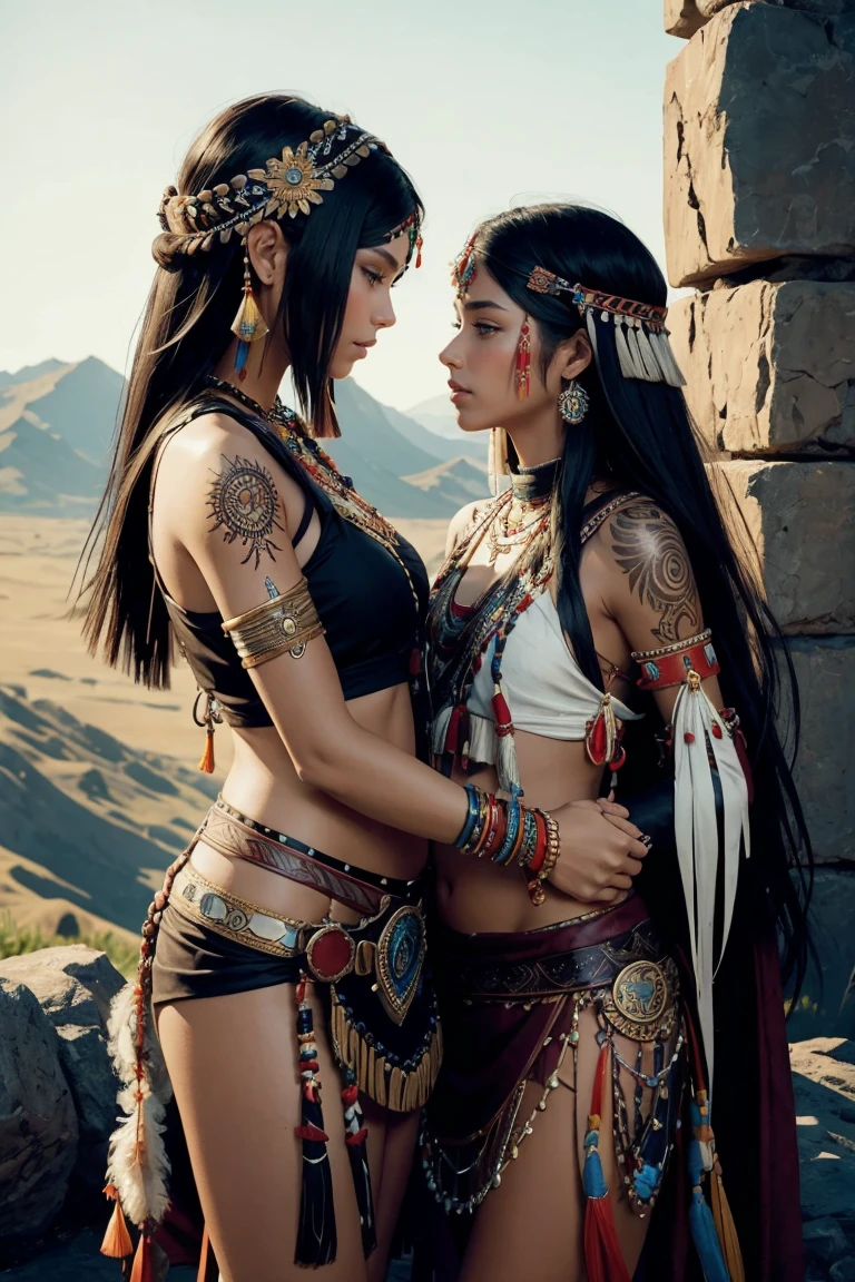 I want you to create a character. She is a young 25-year-old woman with the typical characteristics of the Apache people. Her long, straight black hair frames a face with tanned skin, common among her people. His light blue eyes contrast with the color of his skin, creating a penetrating and expressive look. She wears traditional clothing from her tribe, made from animal skin, and her face is painted black as part of a war ritual. she is a warrior