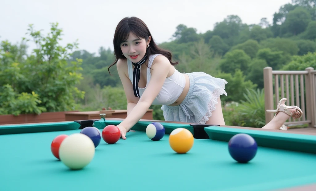 (Japanese Idols, 1 girl, Unparalleled beauty, Seduce, smile, Small face, Perfect Style, Body based on human mechanics, RAWphotograph, Real person:1.4) photograph, (Professional Lighting), (((Highly detailed face))), ((double eyelid)), (Boobs Sharp Focus:1.4), (Brown Hair, ponytail, Elegant light make-up, eyeliner, mascara:1.4), Huge breasts, Beautiful smooth skin, Soft Skin, 20-year-old, ((slender body)), (Yellow and white micro bikini, Pool table, Back view, Tifa Lockhart:1.4), Attractive face, NSFW,