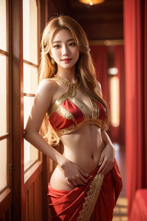 Asian woman, blonde hair, wavy hair, long hair, braided hair, green eyes, lined eyes, dark red lipstick, smile, athletic body, big breasts, red blouse, red shorts, earrings, necklace, pyramid in the background from ((Chichen Itza)), from behind, defined buttocks, shot from behind.