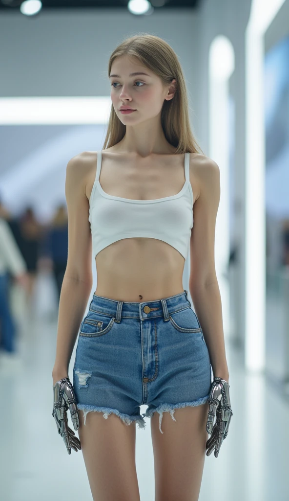 highest quality, 超A high resolution, (Photoreal:1.4), (1 person), ((I opened my chest.、white Y-shirt)), (((Super Low Rise Blue Denim Slim Pants))), (shiny blonde twin tails), (Ideal female body type), (Slender), model shot, live stage,