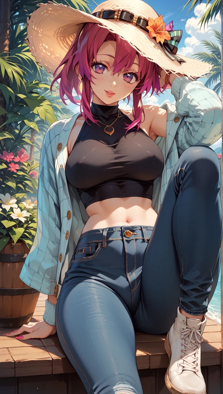 pink ponytail，masterpiece:1.3，best quality, Denim shorts，in the garden，Sexy wrap bra，Big breasts，sweaty, bare shoulders, Lace lingerie 1.5，black socks，beautiful breasts，Place your hands in the middle of your thighs
