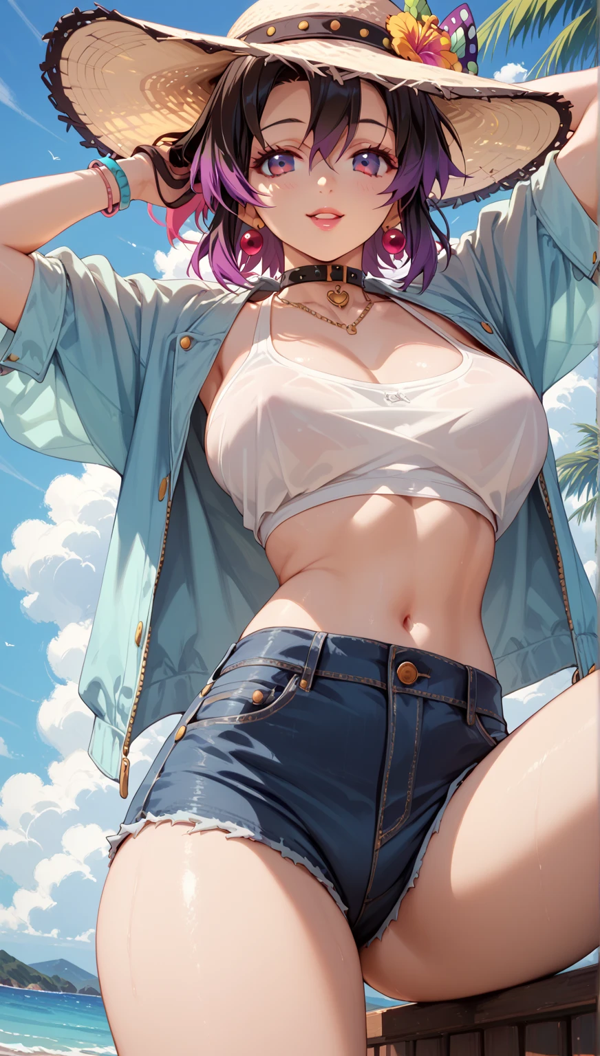 pink short hair，masterpiece:1.3，best quality, jeans，in the garden，Sexy wrap bra，Big breasts，sweaty, bare shoulders, bright colors, soft light，pink underwear