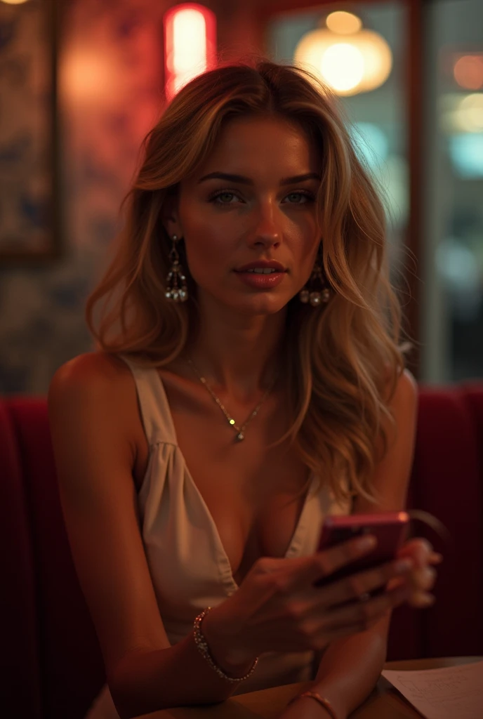 A young woman with light blonde wavy hair. The girl is sitting in a fancy jazz club, surrounded by an intimate and sophisticated atmosphere. She wears a velvet dress that elegantly accentuates her figure.. The lighting is warm and soft, with golden highlights that highlight her blonde hair. He is capturing a moment with his phone, with a mysterious smile as soft music fills the air. His blue eyes shine brightly, reflecting the stage lights