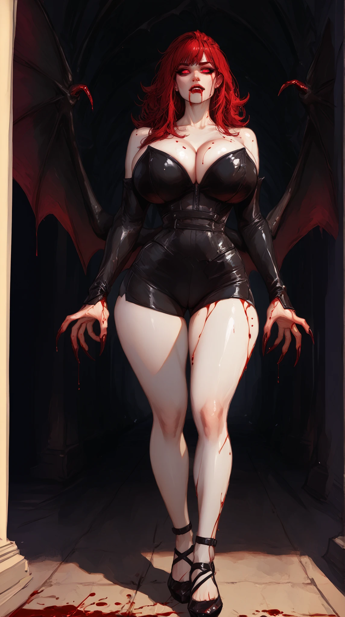 Princess Zelda Vampire, wearing extremely sexy black maid costume with extremely tight white shorts and tight on the body, extremely sensual, ((lots of blood on the body and floor)), she has ((large bat wings)), exaggeratedly large breasts, very sensual body, looking at the viewer, smiling, doing sensual pose leaning against a tombstone, short red mohawk hair, sparkling red eyes, macabre graveyard, is at night, fog, skulls on the ground, tombstones, terrifying weather, a full moon in the sky, ((((full body)))), 16k, UHD, Better quality, better resolution, better detail