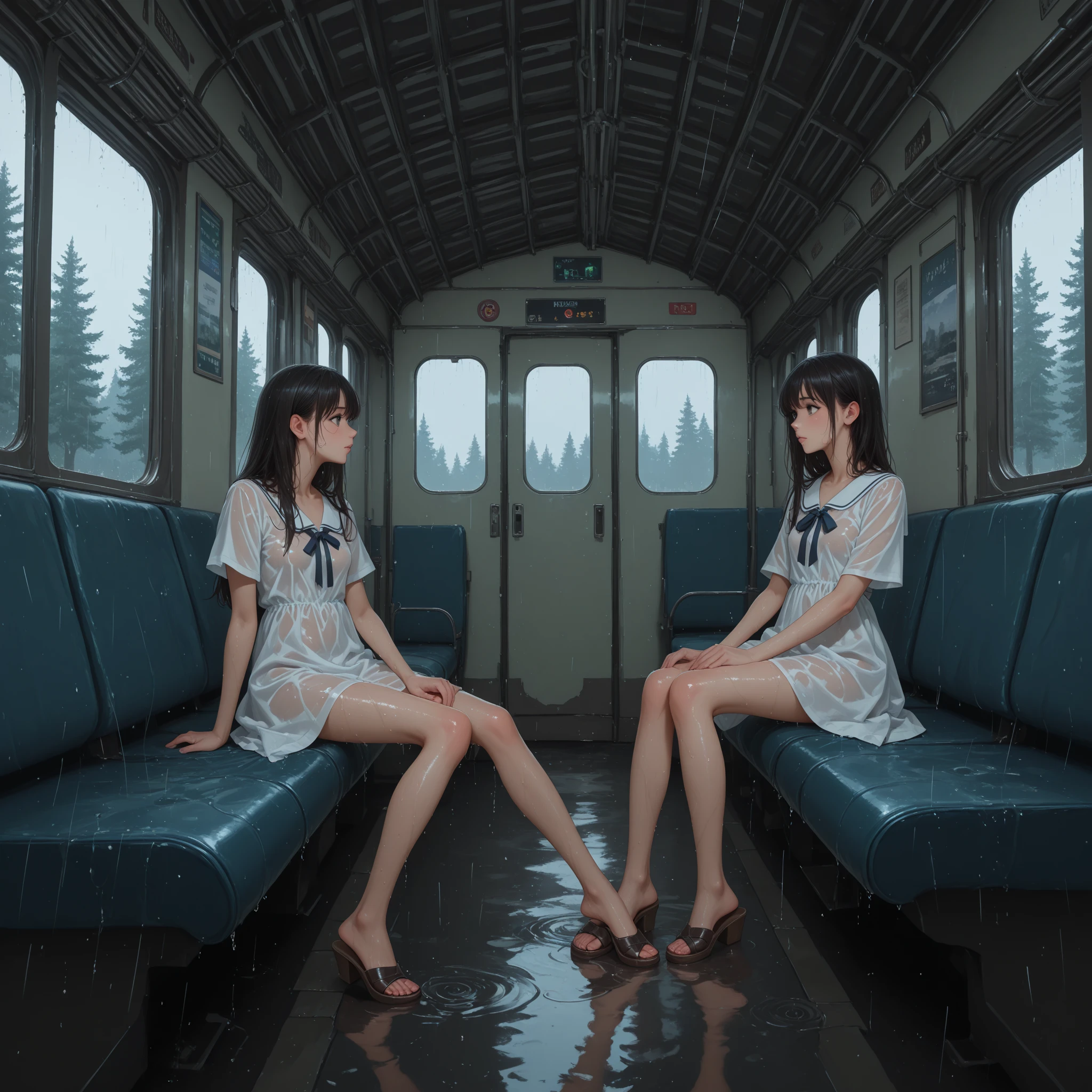 masterpiece, best quality, 2girls, (closeup), 18yo , slim, small breast, naked breast, nipple, open green raincoat, goggles on head, sitting, in abandoned train, hugging, lode, smile, heavy rain, downpour, flood, wasteland, grey, desolate, rain, dark, watercolor,