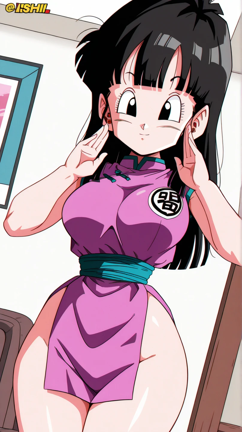highres, hi res, best quality, masterpiece, intricate details, absurdres,, YamamotoXLP, simple white background, retro artstyle, comic,
1girl, large breasts, narrow waist, wide hips, (chi-chi \(dragon ball\):1.1).
dynamic pose, cowboy shot, looking at away, sexy pose, indoors, living room, looking at viewer, hands up, light smile, dutch angle, from side,,
 