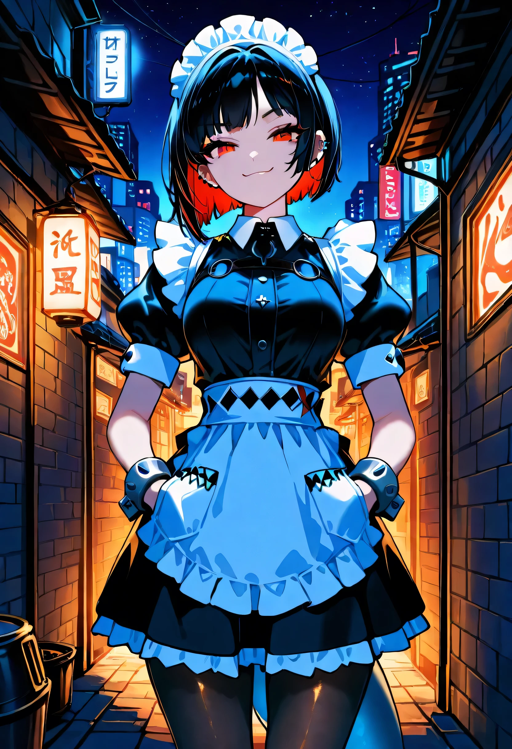 masterpiece, best quality, 1 girl, One,  21 year old model , eyelashes, (beautiful eyes),     ,,,  ugly Joe , black hair, Colored inner hair, multicolored hair, red eyes flowed, red hair, short hair, bicolor hair,  apron, black pantyhose, black shirt, black skirt, ear piercing, , fish tail, maid, maid  apron, maid headdress, pantyhose, piercing, puffy short sleeves, fluffy sleeves, shark girl, shark tail, shirt, short sleeves, skirt, tail, bicolor hair, wrist cuffs,   ,,, stars, Night,  Glowing Background ,  city, Back Alley, smug, hands in pockets, smile, looks at viewer, Shiny skin, 