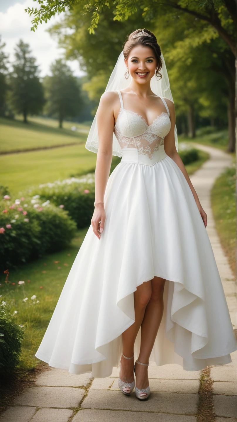 ((Best Quality, 8K, Masterpiece: 1.3)), 1girl, Long-legged beauty: 1.3, (Casual hairstyle, Leaky big breasts: 1.2), Wedding dress: 1.1, Super fine face, Delicate eyes, Double eyelids, smile, Bride, white high heels