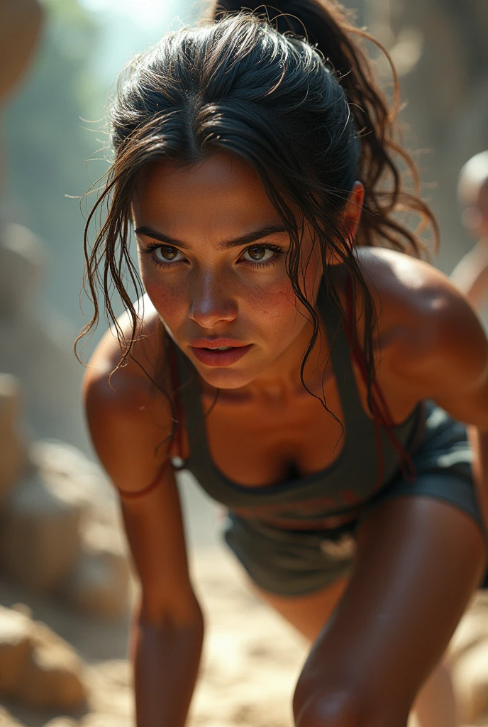 A muscular 18-year-old sexy woman in a tank top crawls on all fours、I can see your belly、Sweaty、