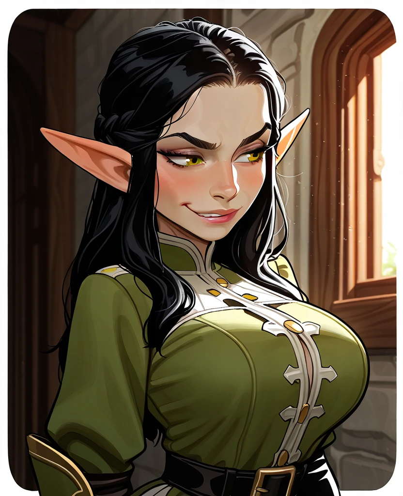 Goblin Girl, Short stature, dark green long hair, Beautiful cute face, confident expression, Facing the camera, green skin, Skin color: green, Body glare, ((pretty eyes)), green colored eyes, ((Perfect Sexy Figure)), Ideal body shapes, big thighs, ((Subtle and beautiful)), ((Fantasy Clothing: black leather shorts and white shirt)), Sexually seductive standing position, Full-length, background: Medieval city streets, Depth of field, ((ultra quality)), ((tmasterpiece)), clear image, crisp details, Realistic, Professional Photo Session, Clear Focus, the anime, Colorfully drawn, NSFW