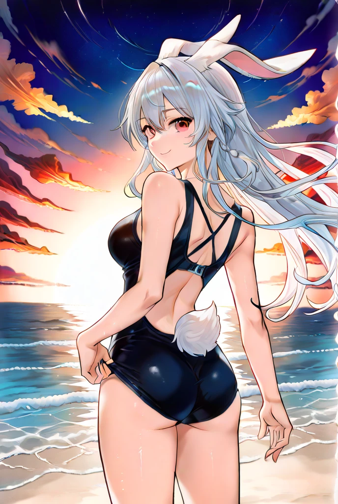 (Masterpiece), (High quality anime illustration), (Super definition), A girl, Alone, Beautiful silver hair girl, anime change, cat ear , , emphasis on the thigh, Striped bikini, SMILE, buttocks, buttocks Up, Back, South Island Sea, water, Tarot Card Wind
