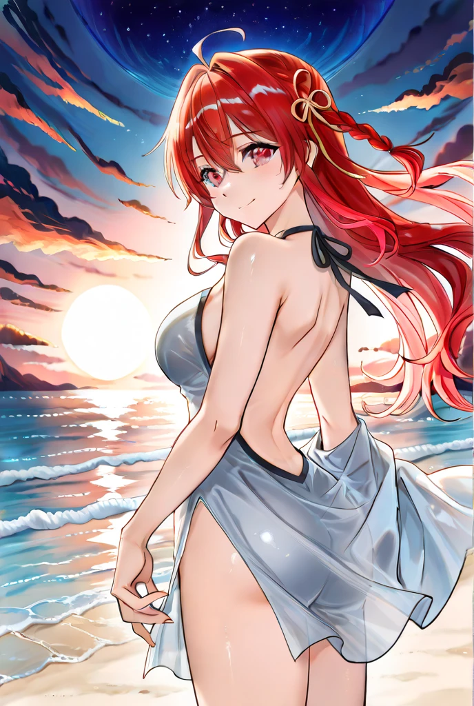 masterpiece, rich colors, Best quality, detailed, high resolution, Hyper quality, high detail, , high quality, detailing, skinny sexy girl on the beach , bright lighting , green eyes, Anime, palm trees, bright lighting, redhead,