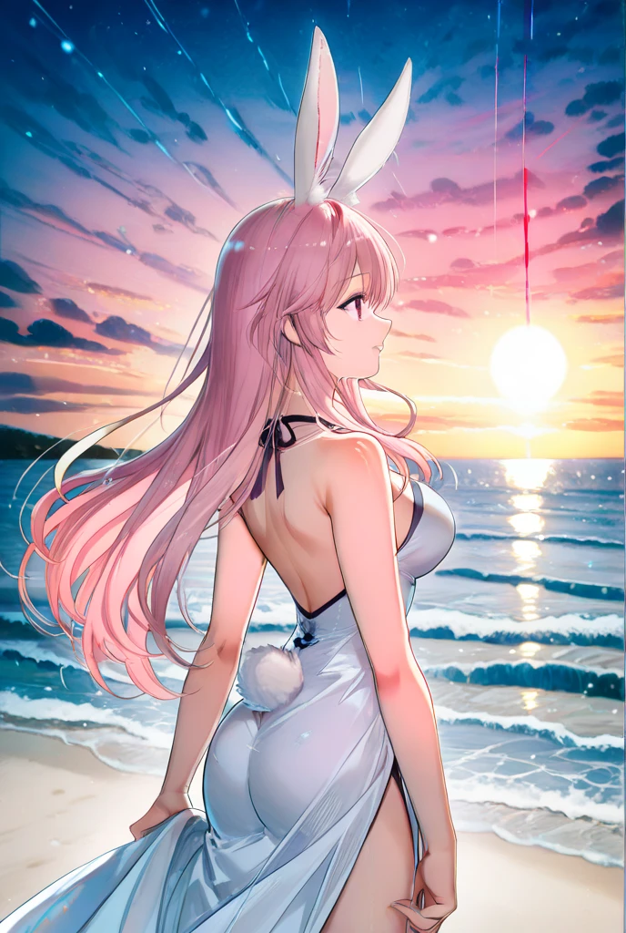 Cumulonimbus,Surrounded by water, reflection,Breathtakingly beautiful clouds,Light,Dazzling Light,Cinematic Light.The wind is blowing,Vast ocean,
A long white pier stretching out into the sea,Coral Reef,海The wind is blowing,
lala satalin deviluke,to love る,long pink hair, very long sidelocks, green eyes,Symmetrical eyes, Ahoge,
((Highest quality)), ((masterpiece)),(detailed),High resolution,Sharp focus,Perfect Face,Perfect Fingers,{best illustration},(complete anatomy),
(非常にdetailed CG unity 8k wallpaper),(((Vibrant colors))),Official Art,glamorous,large breasts,Medium ass,
shiny 肌,very shiny 肌,Shiny body,plastic glitter 肌,exaggerated shiny 肌,illuminated 肌,
((detailedなボディ)),(detailedな顔)), cute,Lewd,erotic,Bold,Camel Toe,(erection of nipple),
(from behind), looking back,
Big straw hat,White dress, see-through, silhouette,
smile, Open your mouth, embarrassed,