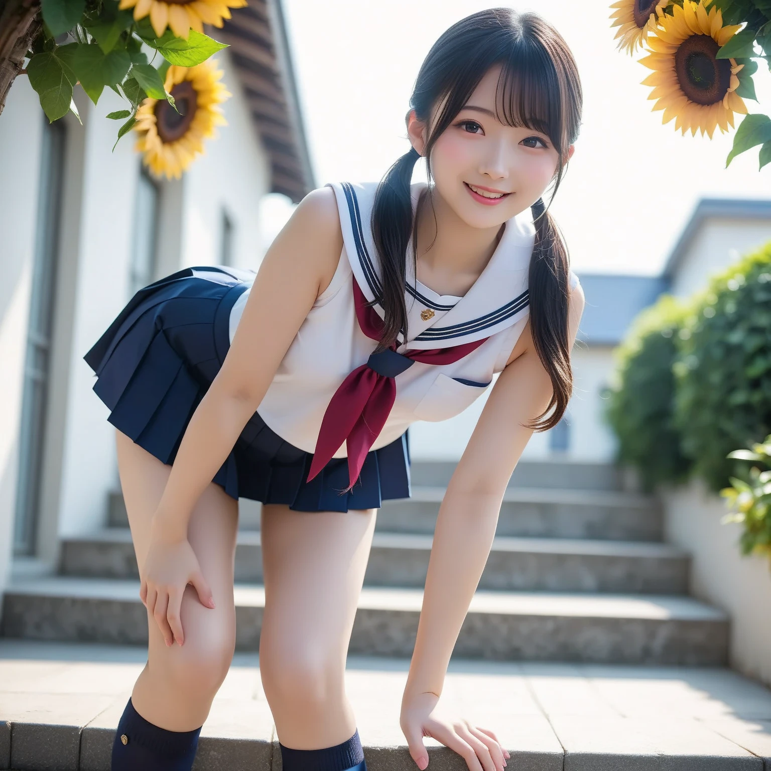 (realistic, photo realistic:1.2), ((best quality)), Move your center of gravity back, pretty embarrassing, white panties, (show panties:1.4),tight skirts, (upskirt:1.3), (pull up skirt:1.3), (squating:1.4), heels on the ground on, slightly spread legs, crouch with knees up, put butt on the ground, black penny loafer, beautiful faces detailed, real human skin, gentle expressions, Front view, angle from below, realistic, photorealistic, cute, short skirt, squating deep on school grounds, cute school girl, Japanese highschoolgirl uniform, sailor uniform, whole body,happy smile, natural smile, fascinating smile, captivating smile, (looking at viewer:1.2), from front, from below,